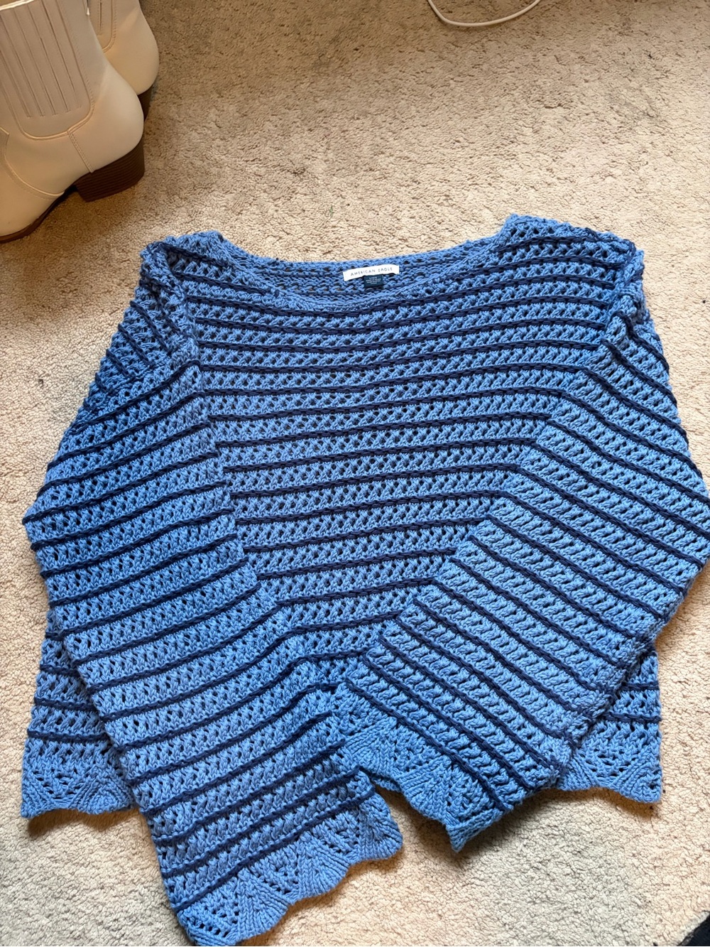 American Eagle Outfitters Blue Open-Knit Scoop Neck Pullover